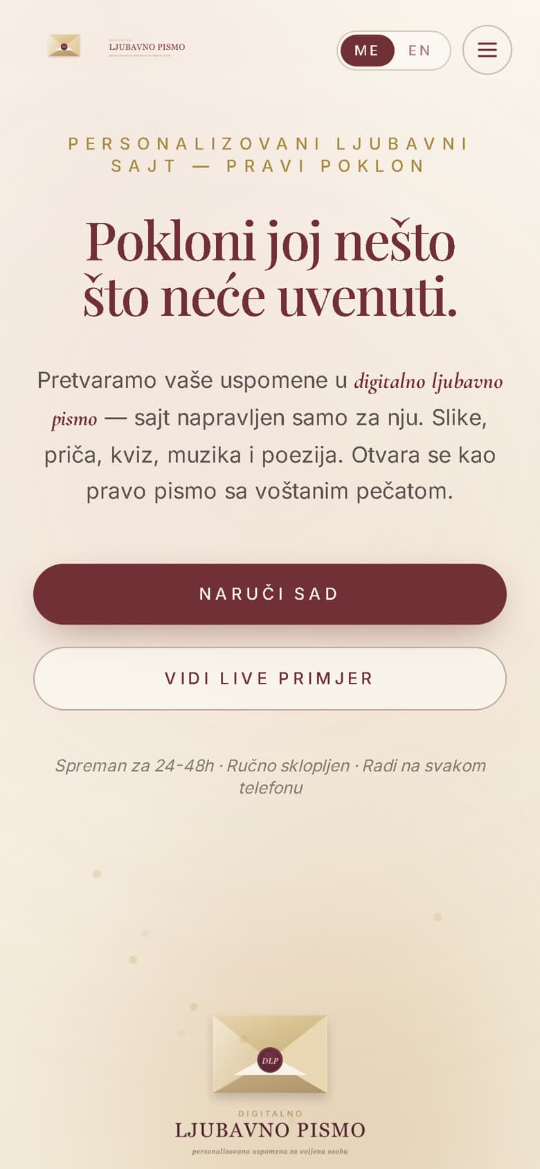 Mobile view of the Digitalno Ljubavno Pismo home page
