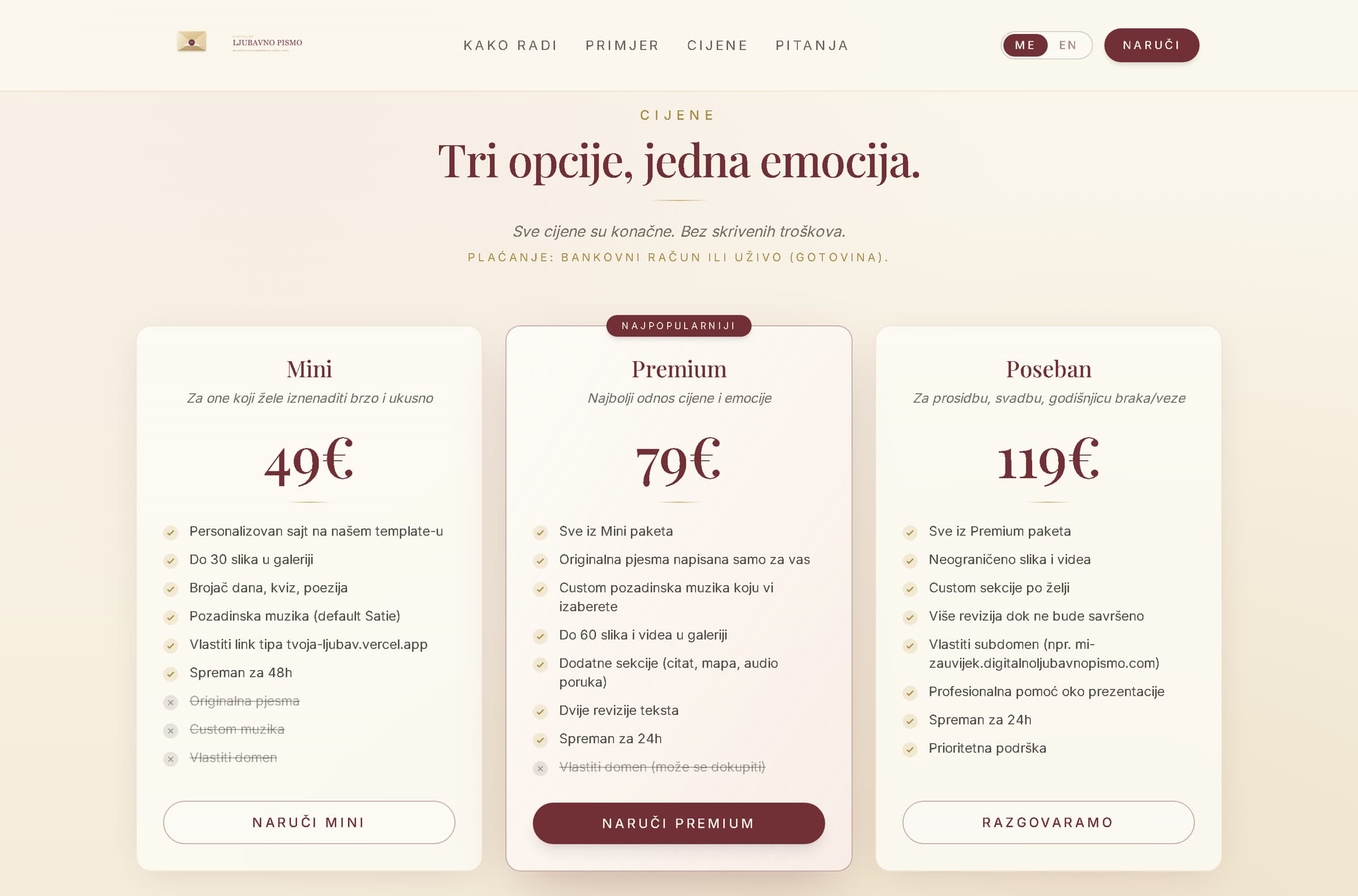 Pricing section on the Digitalno Ljubavno Pismo site, three tiers with comparable feature lists