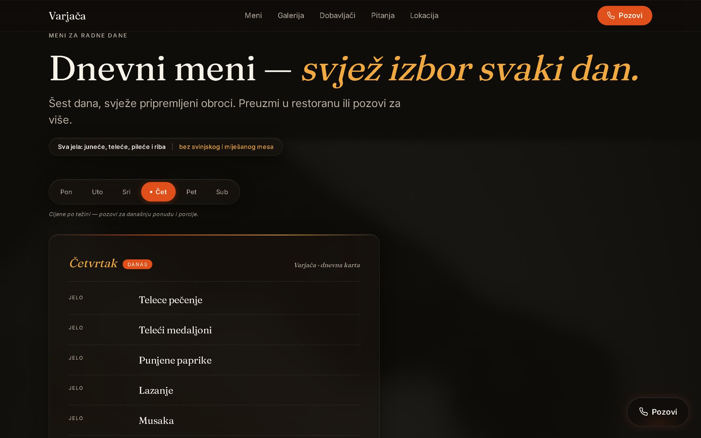 Daily menu section on the Varjača Express site, with tabs per day and today highlighted